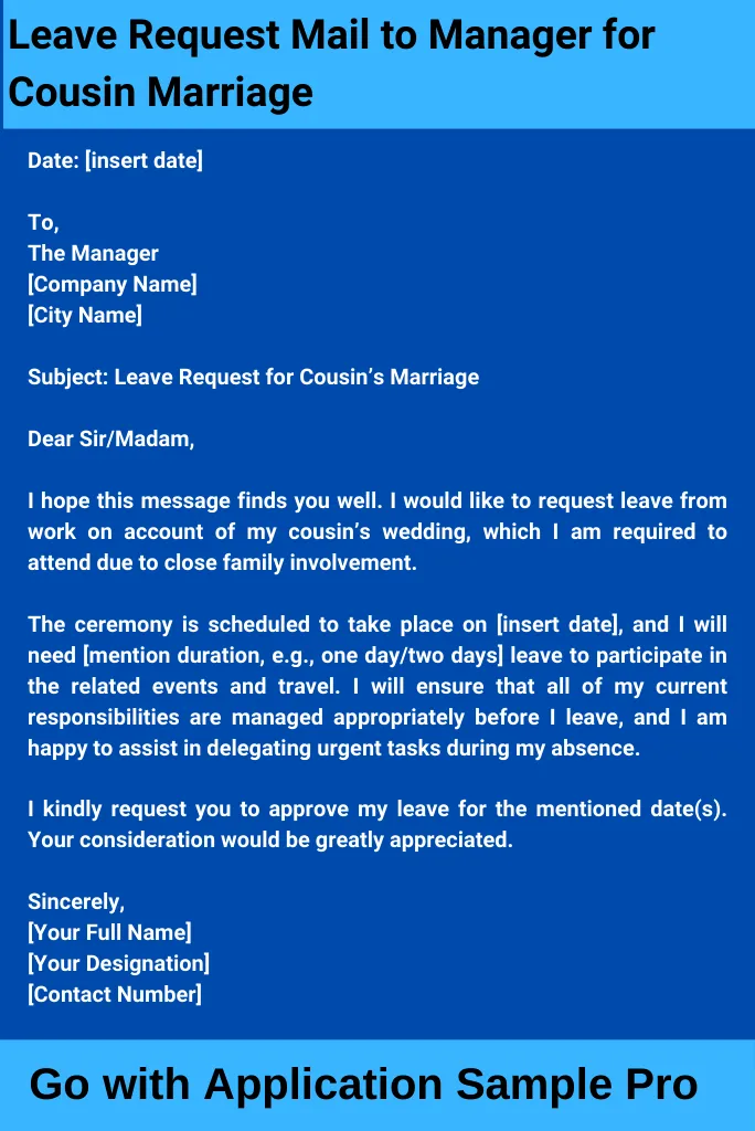 Leave Request Mail to Manager for Cousin Marriage