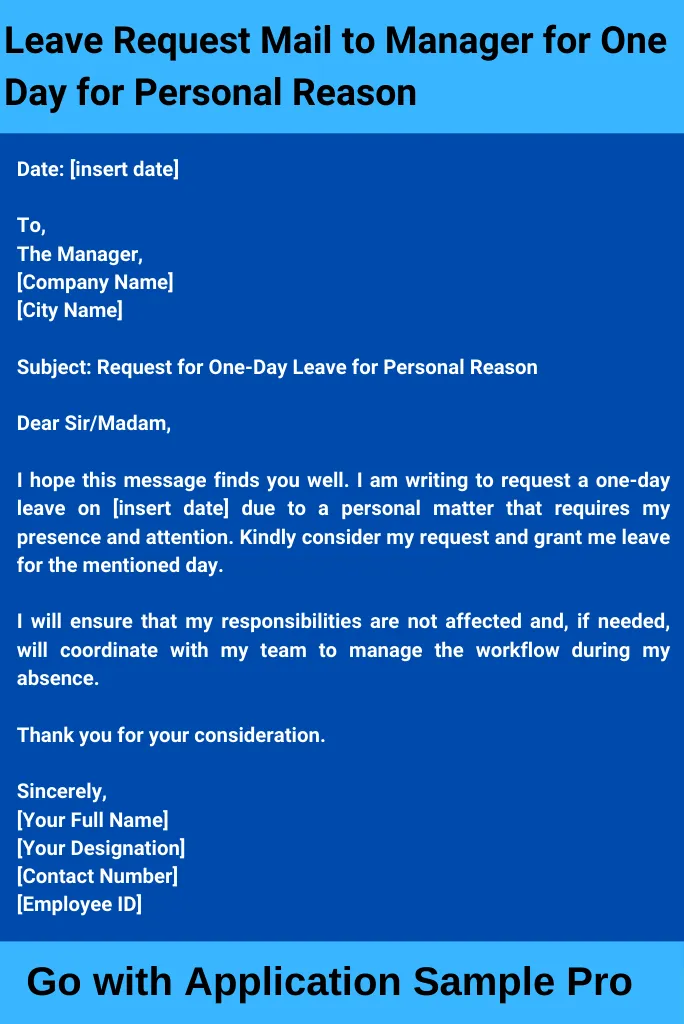 Leave Request Mail to Manager for One Day for Personal Reason