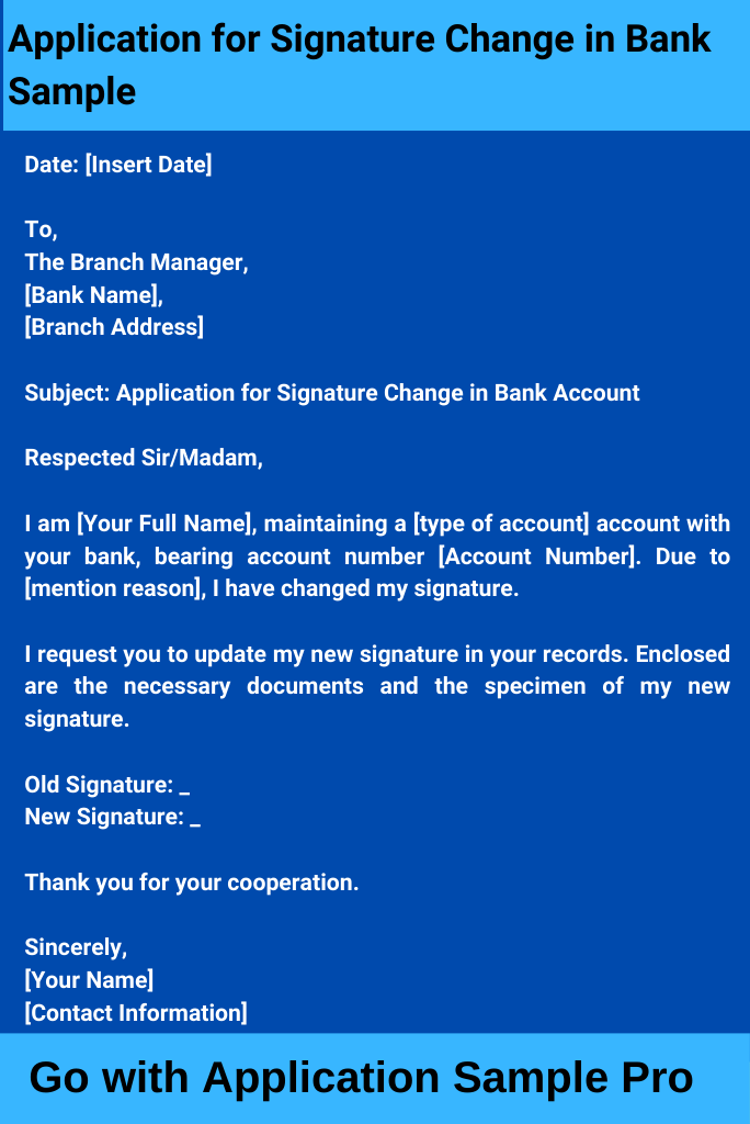Application for Signature Change in Bank Sample