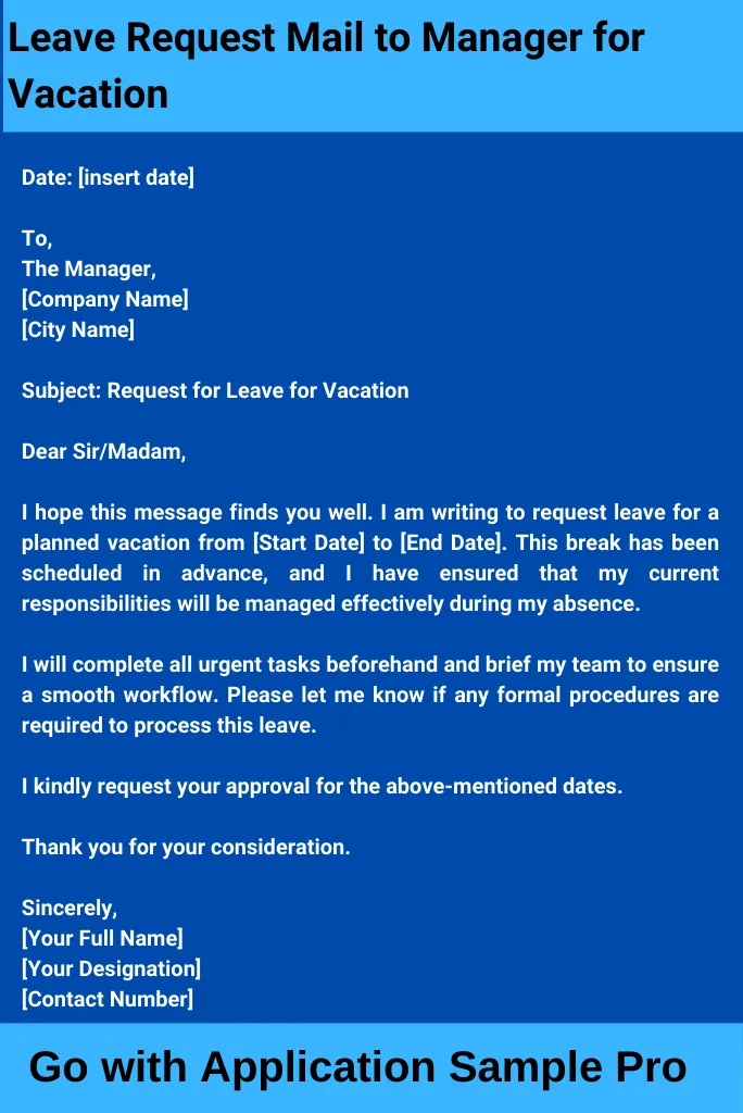 Leave Request Mail to Manager for Vacation