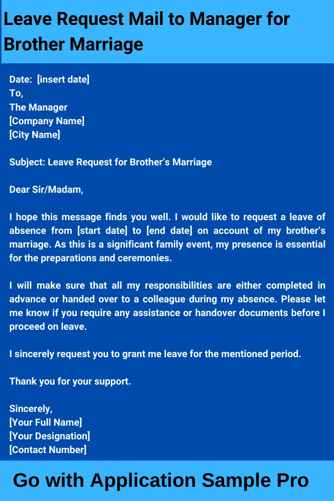 Leave Request Mail to Manager for Brother Marriage