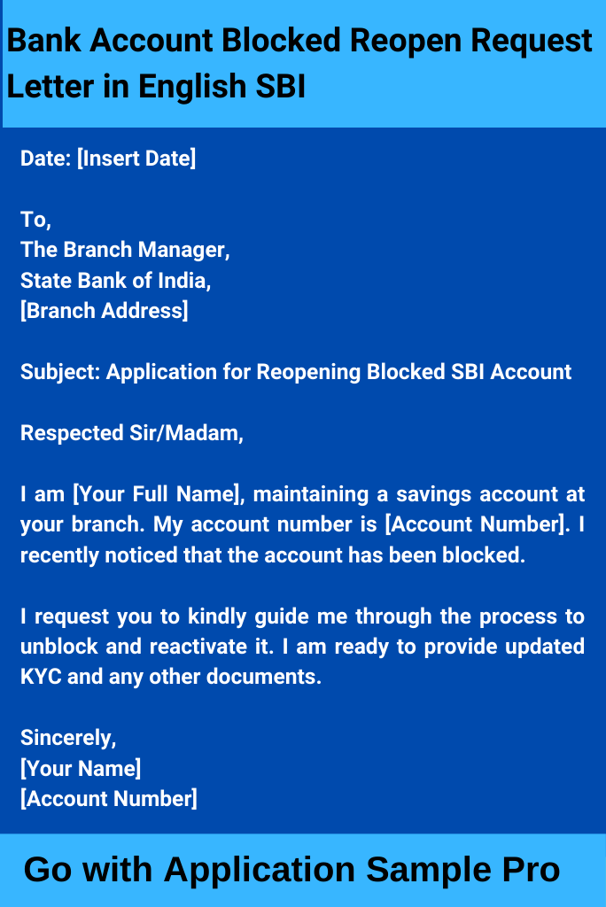 Bank Account Blocked Reopen Request Letter in English SBI