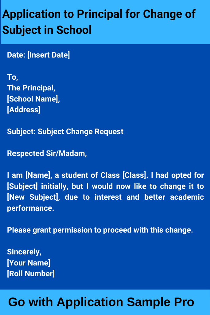Application to Principal for Change of Subject in School