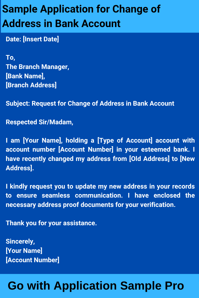 Sample Application for Change of Address in Bank Account
