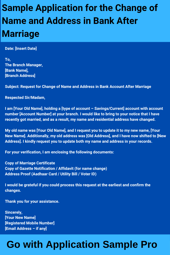 Sample Application for the Change of Name and Address in Bank After Marriage