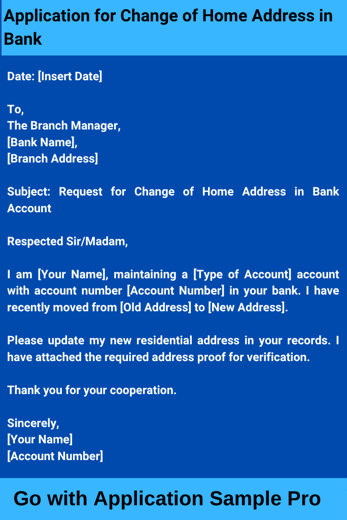 Application for Change of Home Address in Bank