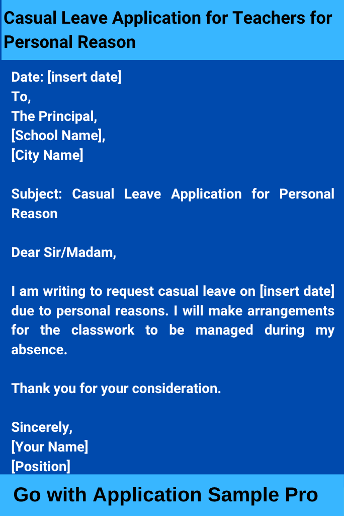 Casual Leave Application for Teachers for Personal Reason