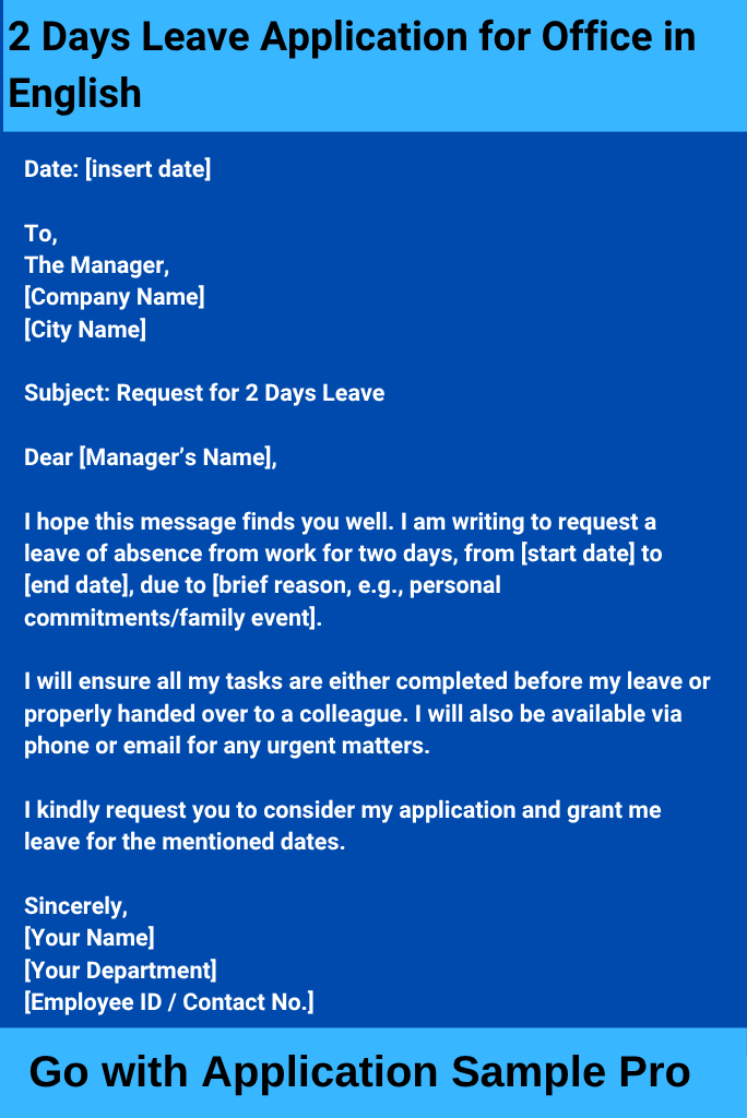 2 Days Leave Application for Office in English